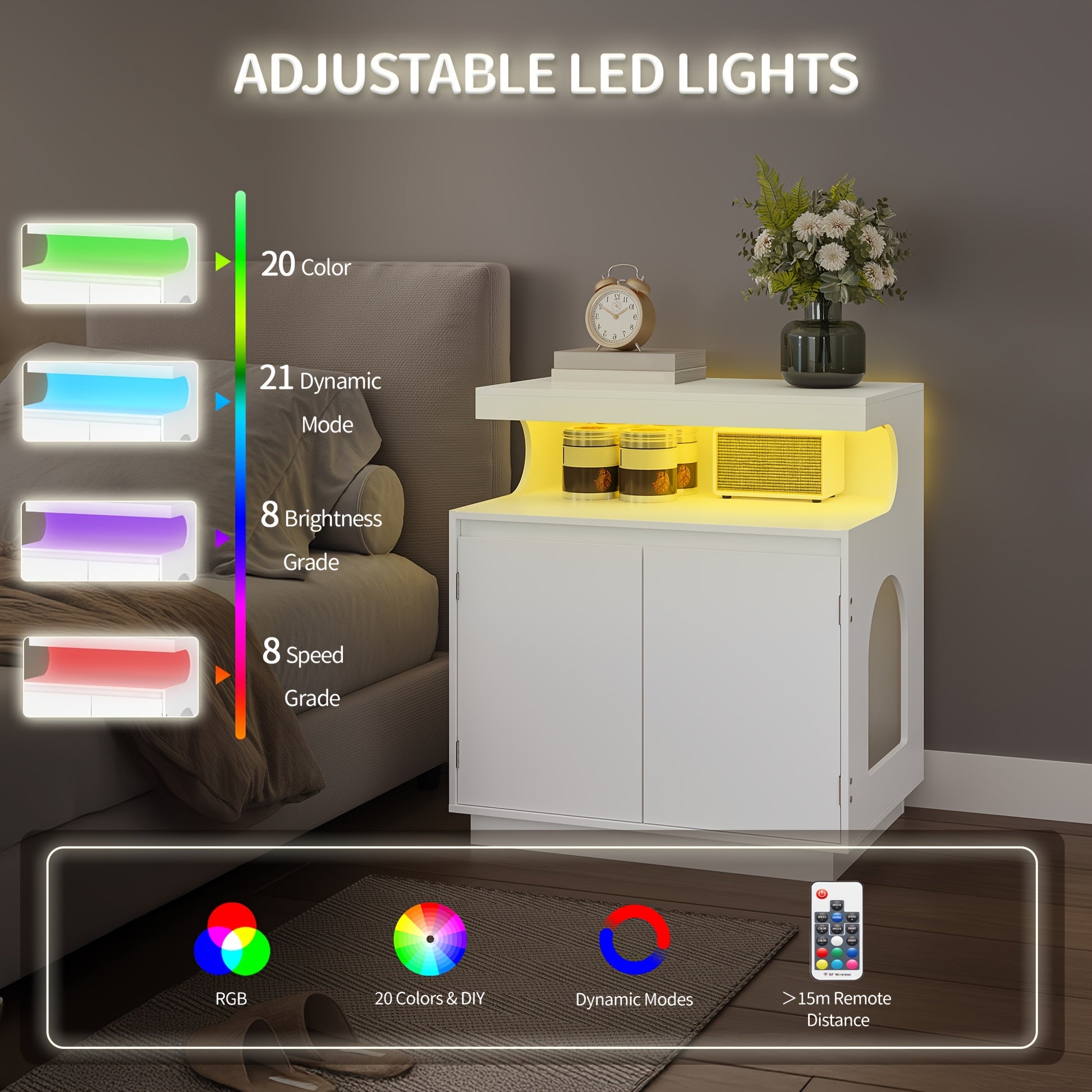 Cat Litter Box Cabinet with Shelf and Remote Controlled Light Bar - Hidden Indoor Cat House for Large Cats, 68 X 48 X 74 Cm, White - Quality Shopping Centre