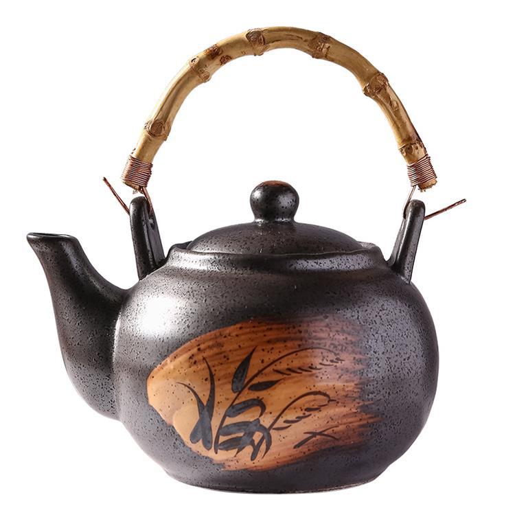 Keramische theeketel met bamboe handvat, handbeschilderd, commercieel gebruik, grote inhoud, theepot met schenktuit, tafelmodel