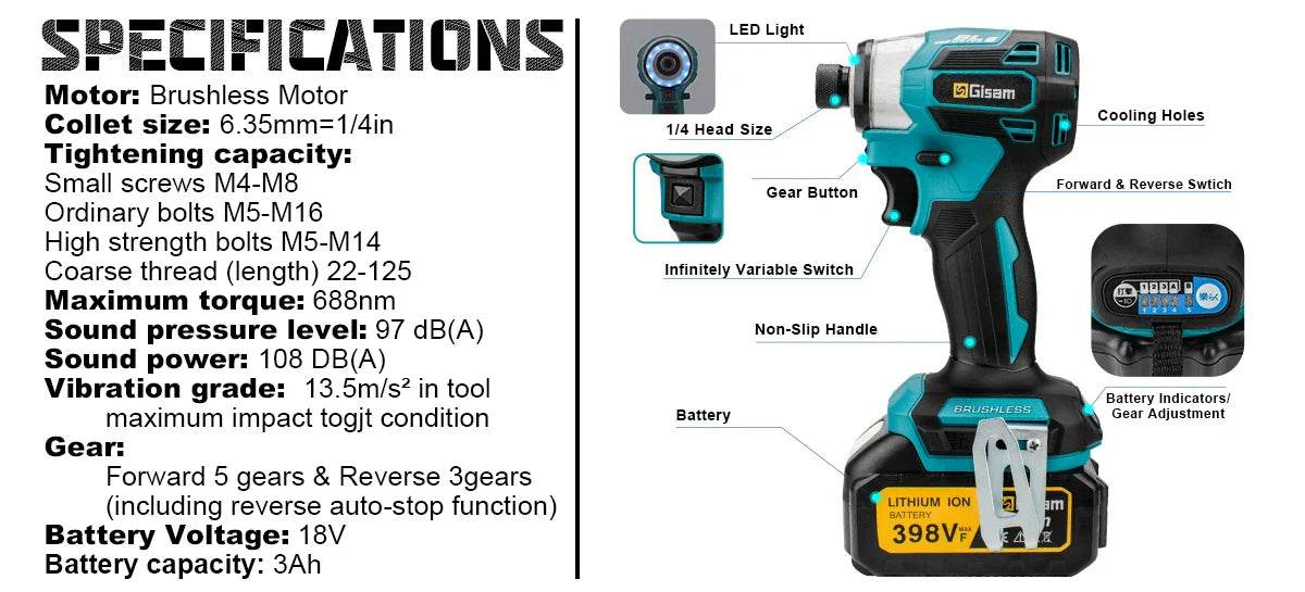 688N.m 8-Speed 1/4'' Brushless Electric Screwdriver Cordless Screwdriver Electric Drill Impact Driver Kit for Makita 18V Battery - Quality Shopping Centre