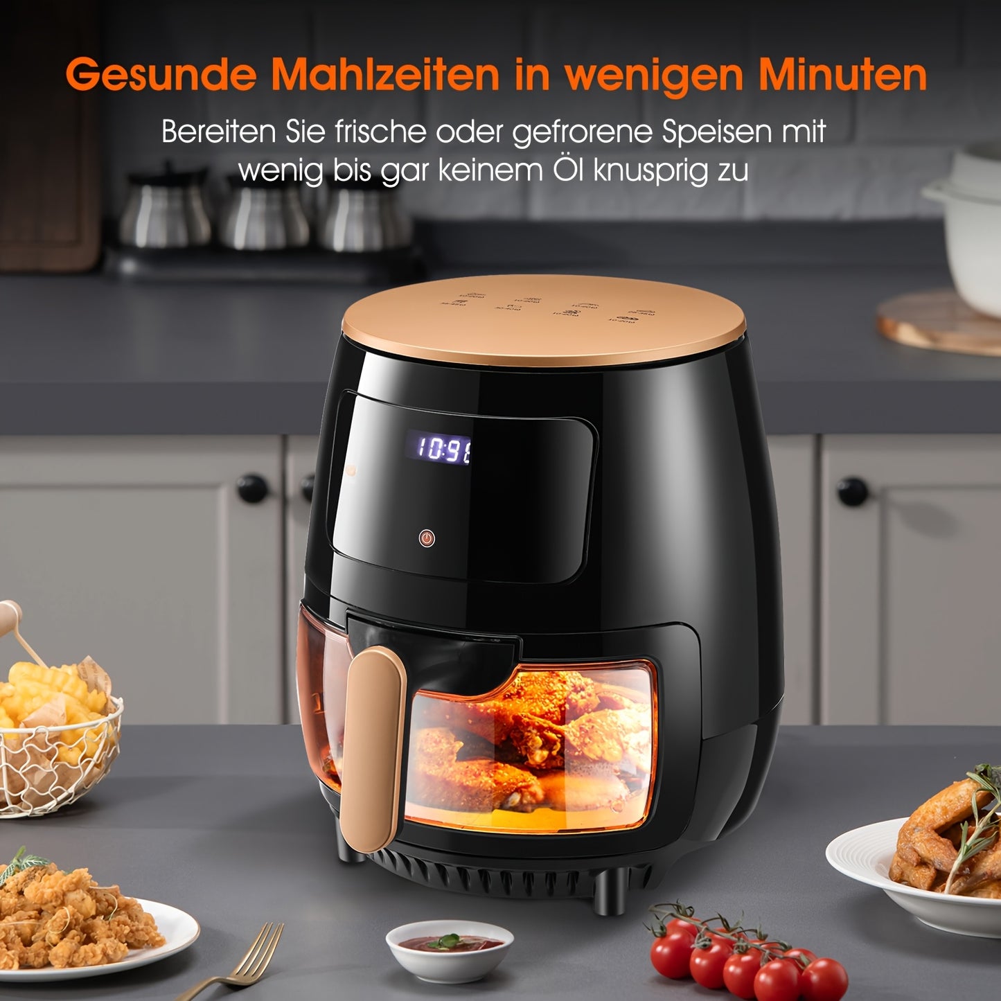 Hot Air Fryer, 6 Litres, Air Fryer, Digital LED Touchscreen, Viewing Window, 6 Cooking Functions, Preheating And Keeping Hot, Oil Free, 1700 W