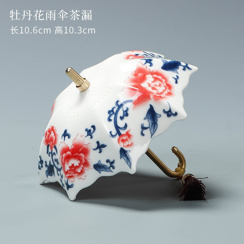 Blauw-witte porseleinen paraplu-theezeef met kwastje – Chinese stijl keramisch theefilter