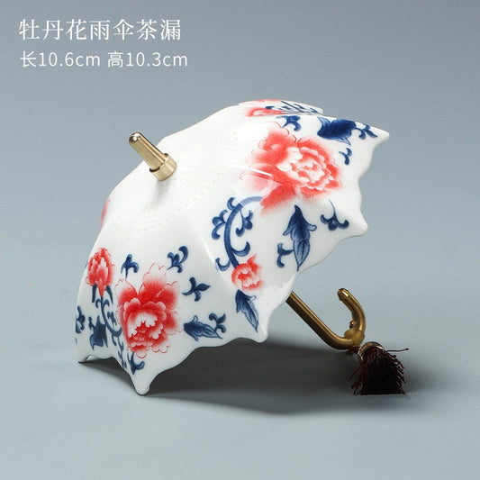 Blue & White Porcelain Umbrella Tea Strainer with Tassel – Chinese Style Ceramic Tea Filter