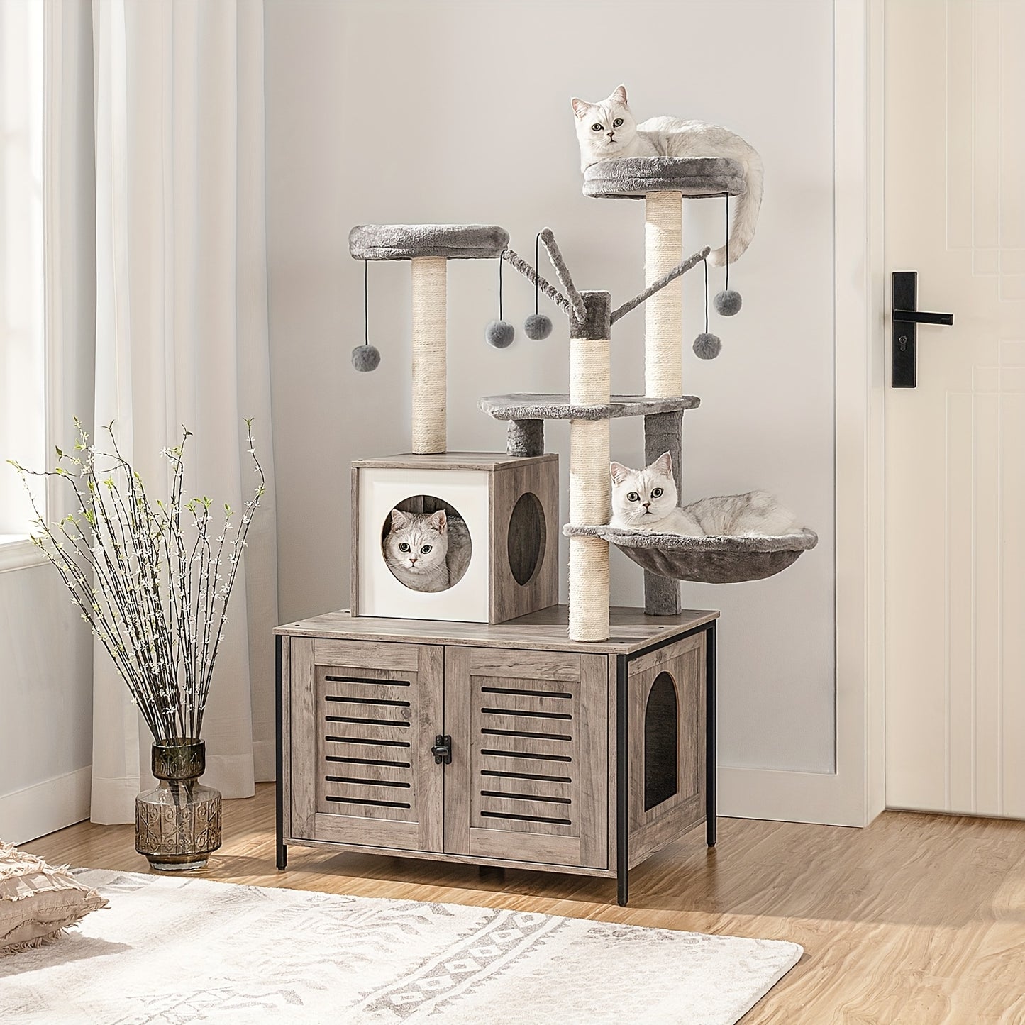 All-in-One Cat Tree Tower with Built-in Litter Box Cabinet - Multi-Level Scratching Post & Plush Ball Perches for Large Cats & Multi-Cat Homes in Vintage Brown & Grey - Quality Shopping Centre