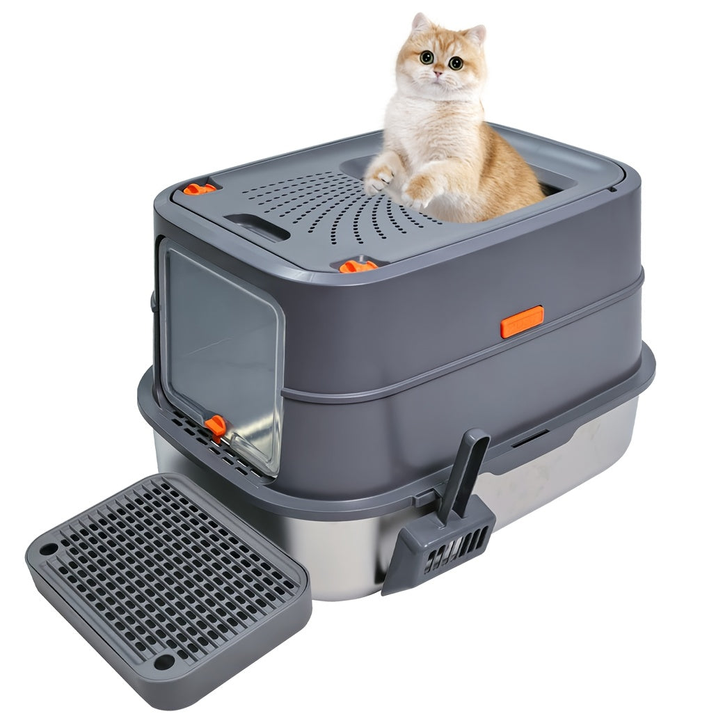Extra Large Cat Litter Box with Cover - Front Entry/Top Exit Design, Durable Stainless Steel with Built-in Golden Metal Scoop, Easy-Clean Rectangular Litter Pan for Large Cats & Kittens in Modern Grey - Quality Shopping Centre
