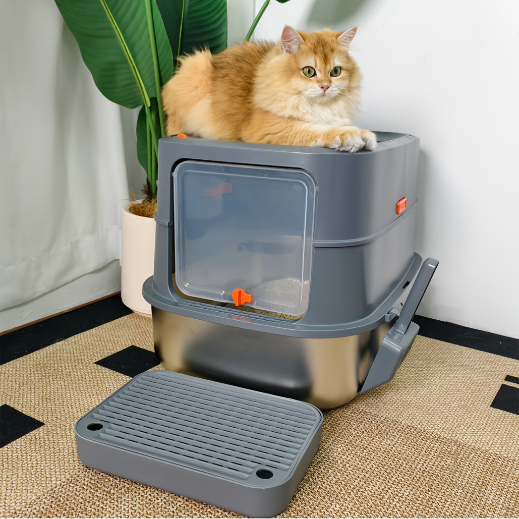 Extra Large Cat Litter Box with Cover - Front Entry/Top Exit Design, Durable Stainless Steel with Built-in Golden Metal Scoop, Easy-Clean Rectangular Litter Pan for Large Cats & Kittens in Modern Grey - Quality Shopping Centre