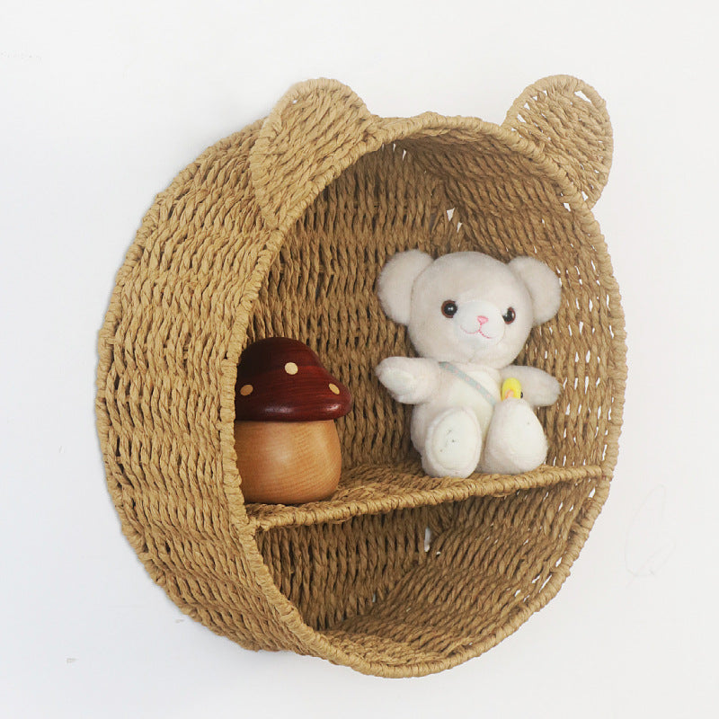 Étagère de rangement ronde en corde de papier écologique avec oreilles de chat, panier organisateur mural pour cosmétiques et décoration
