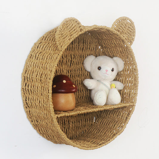 Cat Ear Eco-Friendly Paper Rope Woven Storage Rack Round Organizer Basket Wall-Mounted Cosmetic and Decorative Display Shelf