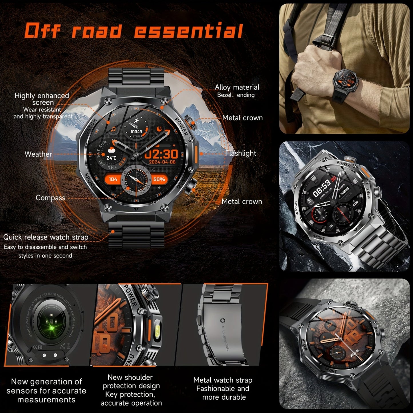 High-Quality Men'S Outdoor Sports Smartwatch (Answer/Make Calls), 800Mah Battery, 1.8-Inch HD Full Touchscreen, Over 100 Sports Modes, Flashlight Feature, Pedometer, Compatible with Iphone And Android Phones, Perfect Gift for