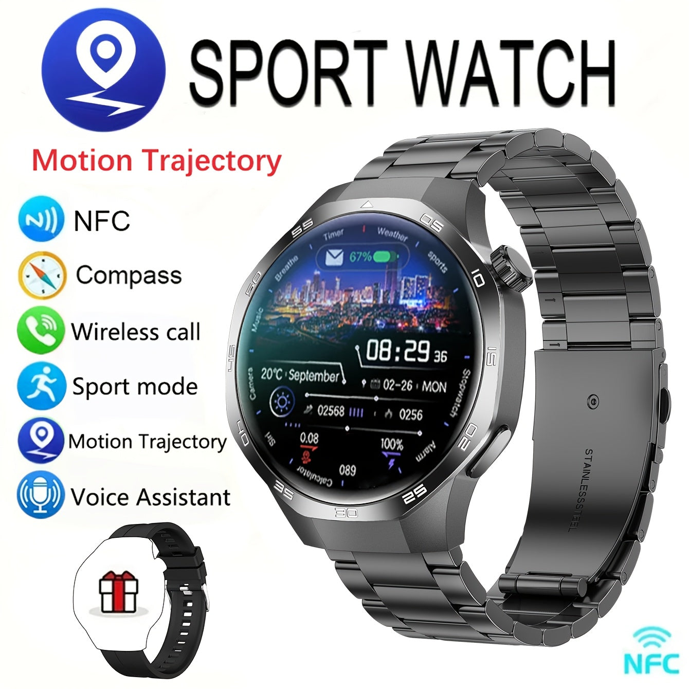 2025 New GPS Motion Trajectory Smart Watch for Men Watch 5 Max, 360*360 HD Screen AI Voice Wireless Call NFC Smartwatch, 100+ Sports Modes, Outdoor Sports Men'S Smart Watch, Compass Fitness Tracker Watch for Men New Year, Fat