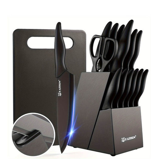 Non-stick Coating Stainless Steel Kitchen Knife Set, 15 Pieces Professional Kitchen Knife Set with Black Wooden Block, Non-slip ABS Handle for Chef Knives, Plastic Cutting Board and Kitchen Shears, Natural Black Wood Block - Quality Shopping Centre