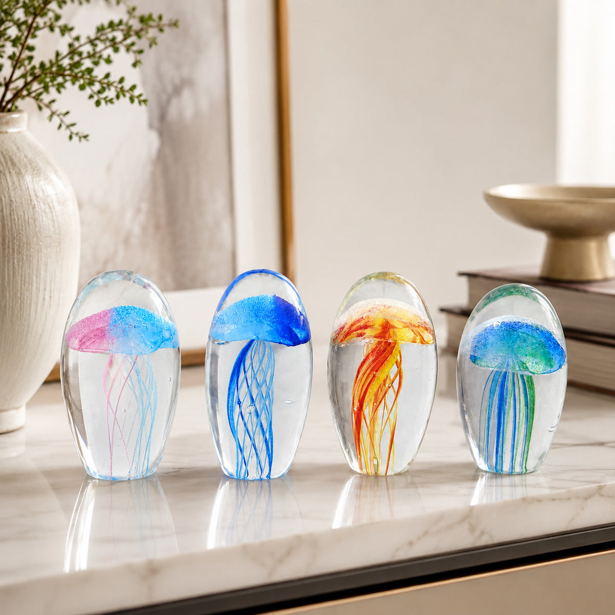 Handgemaakt glazen kwallenornament dat licht geeft in het donker, glazen presse-papier, bureau-decoratie in oceaanstijl, groothandel
