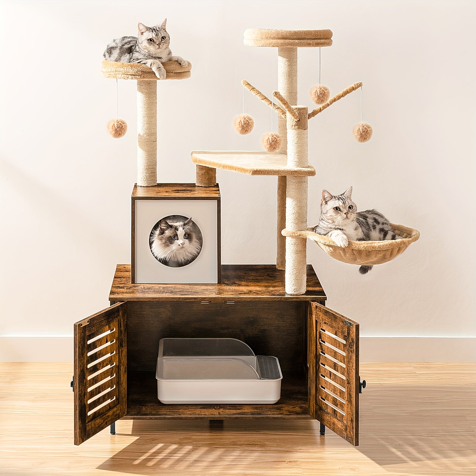 All-in-One Cat Tree Tower with Built-in Litter Box Cabinet - Multi-Level Scratching Post & Plush Ball Perches for Large Cats & Multi-Cat Homes in Vintage Brown & Grey - Quality Shopping Centre