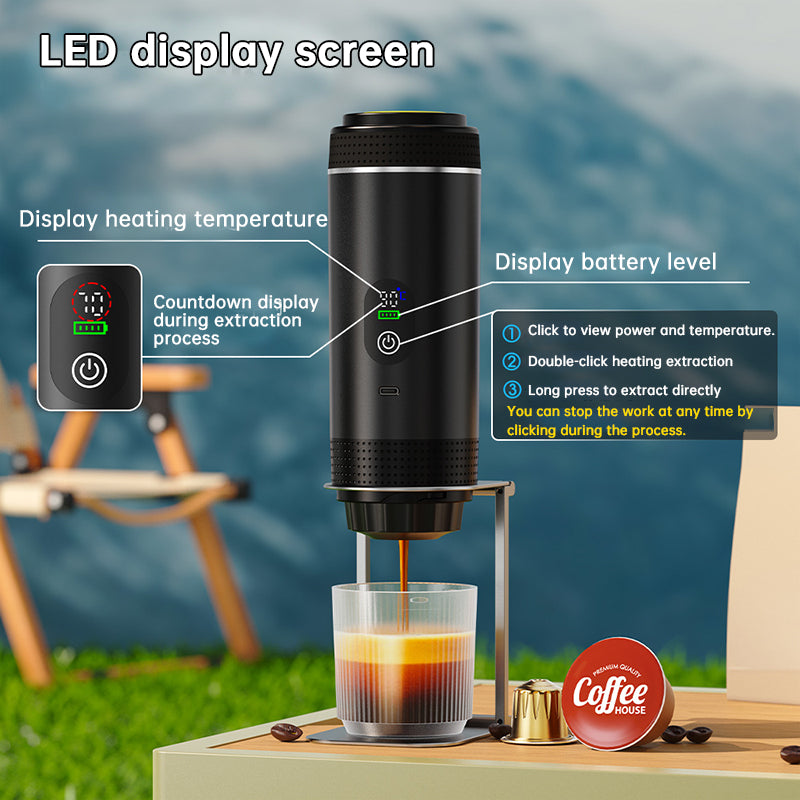 Draagbare espressomachine met digitaal display – 3-in-1 koffiezetapparaat voor cups en gemalen koffie voor op reis, op de camping en op kantoor