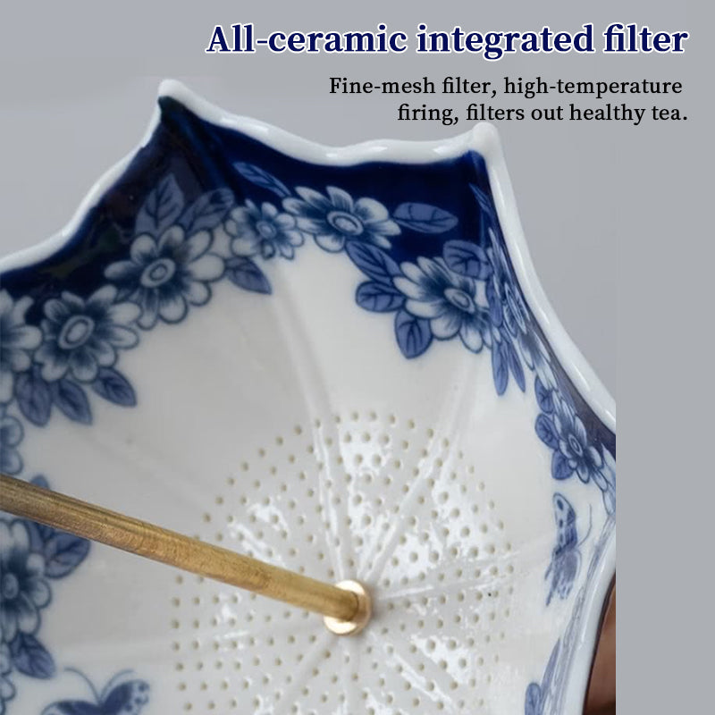 Blauw-witte porseleinen paraplu-theezeef met kwastje – Chinese stijl keramisch theefilter