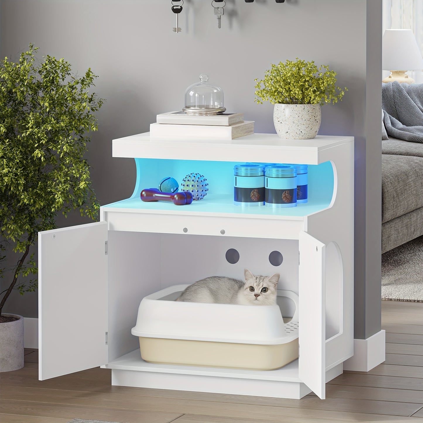 Cat Litter Box Cabinet with Shelf and Remote Controlled Light Bar - Hidden Indoor Cat House for Large Cats, 68 X 48 X 74 Cm, White - Quality Shopping Centre