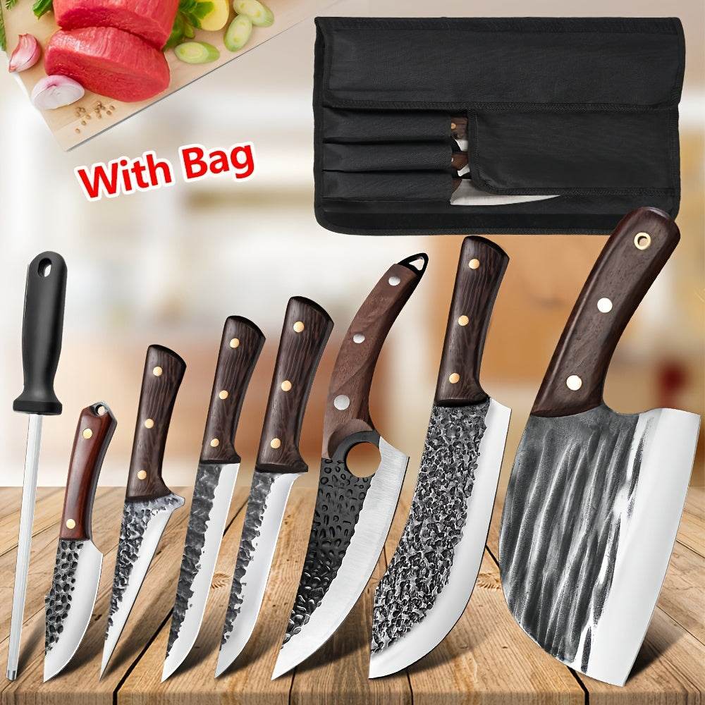 8pcs Japanese Knife Set 5Cr15 Stainless Steel Complete Kitchen Knife Set High Quality Chef Knife Butcher Knife Vegetable Cooking Knife Slices with Wooden Handle And Nylon Bag for Women Men Gifts - Quality Shopping Centre