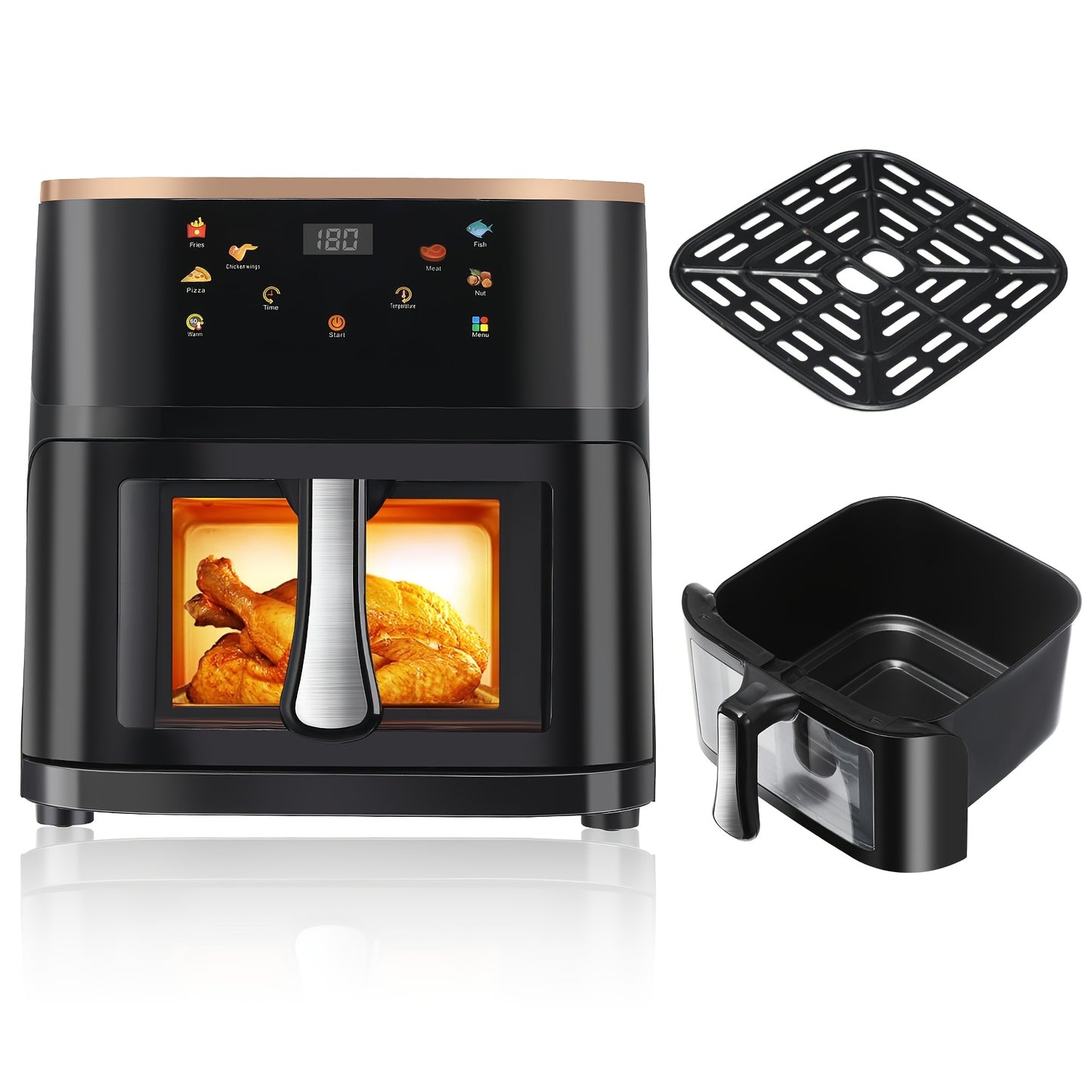 Black digital air fryer with a transparent window and included basket and rack.