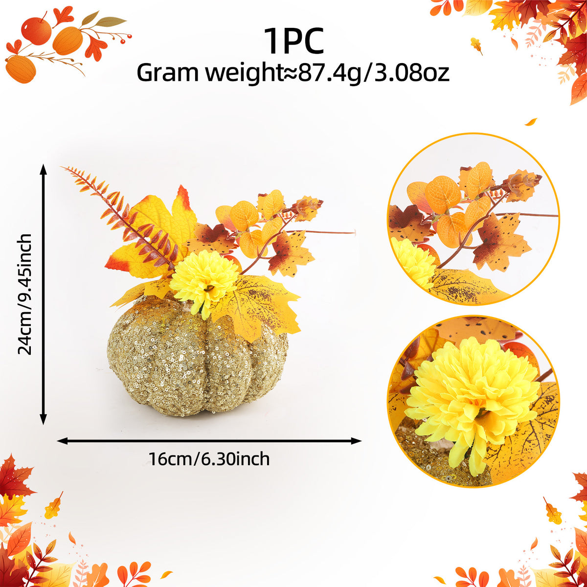 Kunstglitterpompoen, kunst-dahlia en herfstbladeren decoratie voor de herfst, Thanksgiving en het oogstseizoen