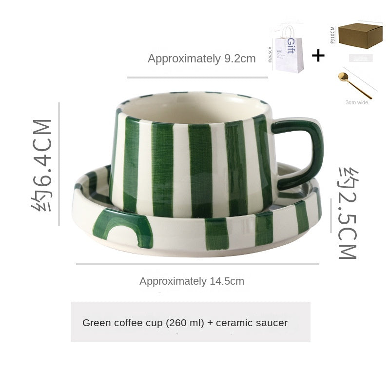 Eenvoudige handgetekende gestreepte keramische mok, creatieve meerkleurige cadeau-mok, koffiekop met schoteltje
