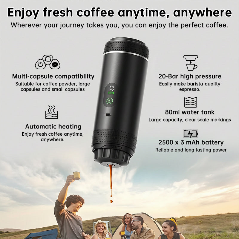 Draagbare espressomachine met digitaal display – 3-in-1 koffiezetapparaat voor cups en gemalen koffie voor op reis, op de camping en op kantoor