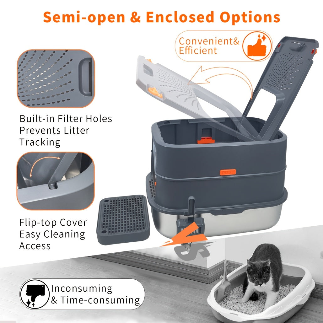 Extra Large Cat Litter Box with Cover - Front Entry/Top Exit Design, Durable Stainless Steel with Built-in Golden Metal Scoop, Easy-Clean Rectangular Litter Pan for Large Cats & Kittens in Modern Grey - Quality Shopping Centre