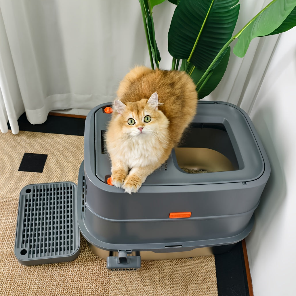 Extra Large Cat Litter Box with Cover - Front Entry/Top Exit Design, Durable Stainless Steel with Built-in Golden Metal Scoop, Easy-Clean Rectangular Litter Pan for Large Cats & Kittens in Modern Grey - Quality Shopping Centre