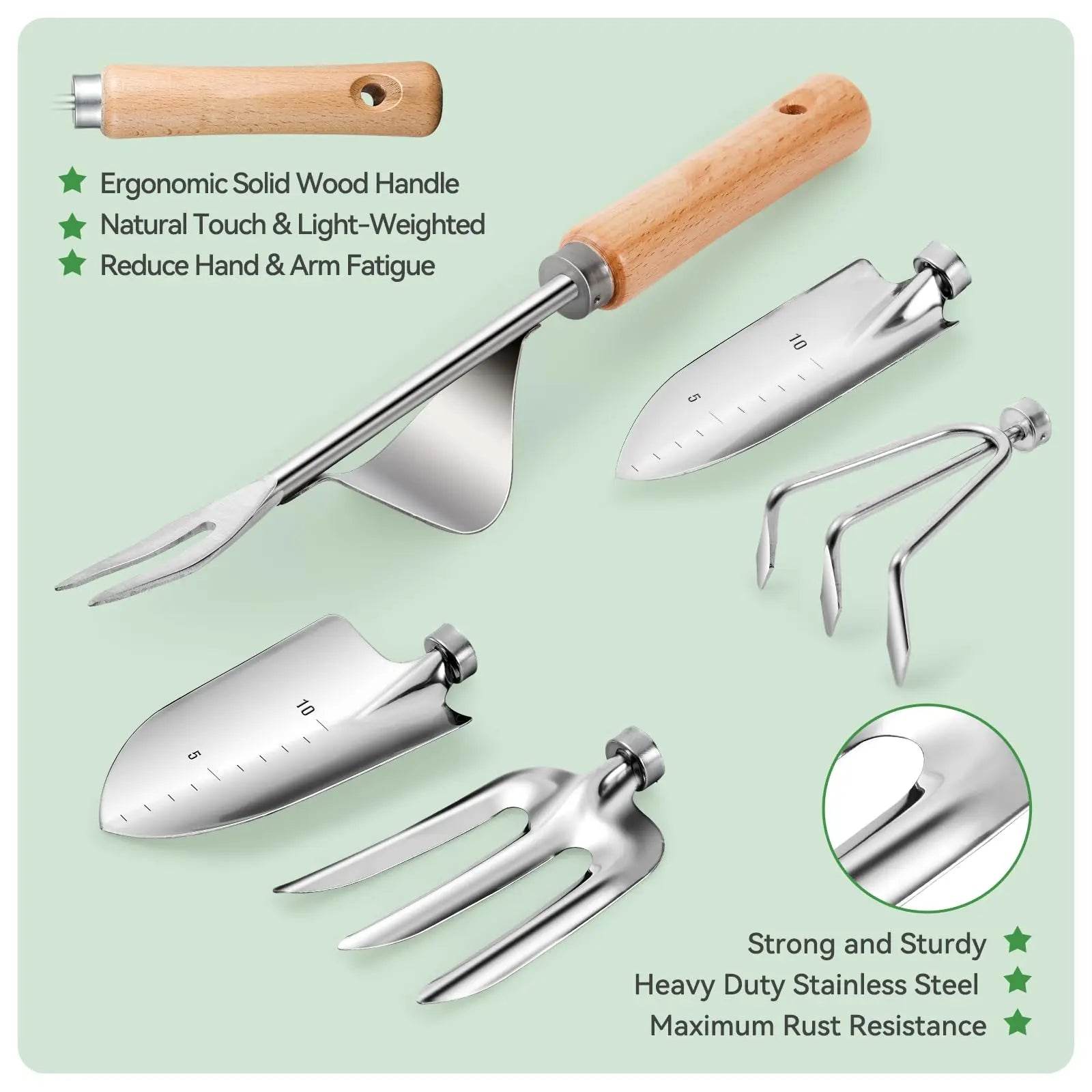 9 Piece Garden Weeding Tools Stainless Steel Gardening Tool Set with Wooden Handle, Weeder - Quality Shopping Centre
