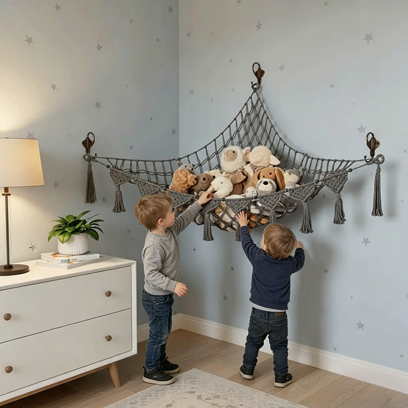 Ruimtebesparende speelgoedhangmat, decoratief geweven net voor het opbergen van grote knuffels in de slaapkamer