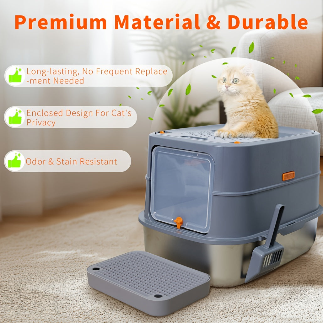Extra Large Cat Litter Box with Cover - Front Entry/Top Exit Design, Durable Stainless Steel with Built-in Golden Metal Scoop, Easy-Clean Rectangular Litter Pan for Large Cats & Kittens in Modern Grey - Quality Shopping Centre