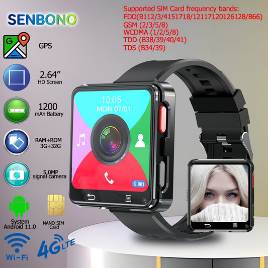 SENBONO Men’s Smart Watch with GPS, WiFi, Camera & Wireless Calls – 6.71cm HD Display, Android Mini Phone Function, 1200mAh Battery, MP3/MP4 Player, Step Counter, Monitor & More, Black Silicone Strap, Multifunctional Smar