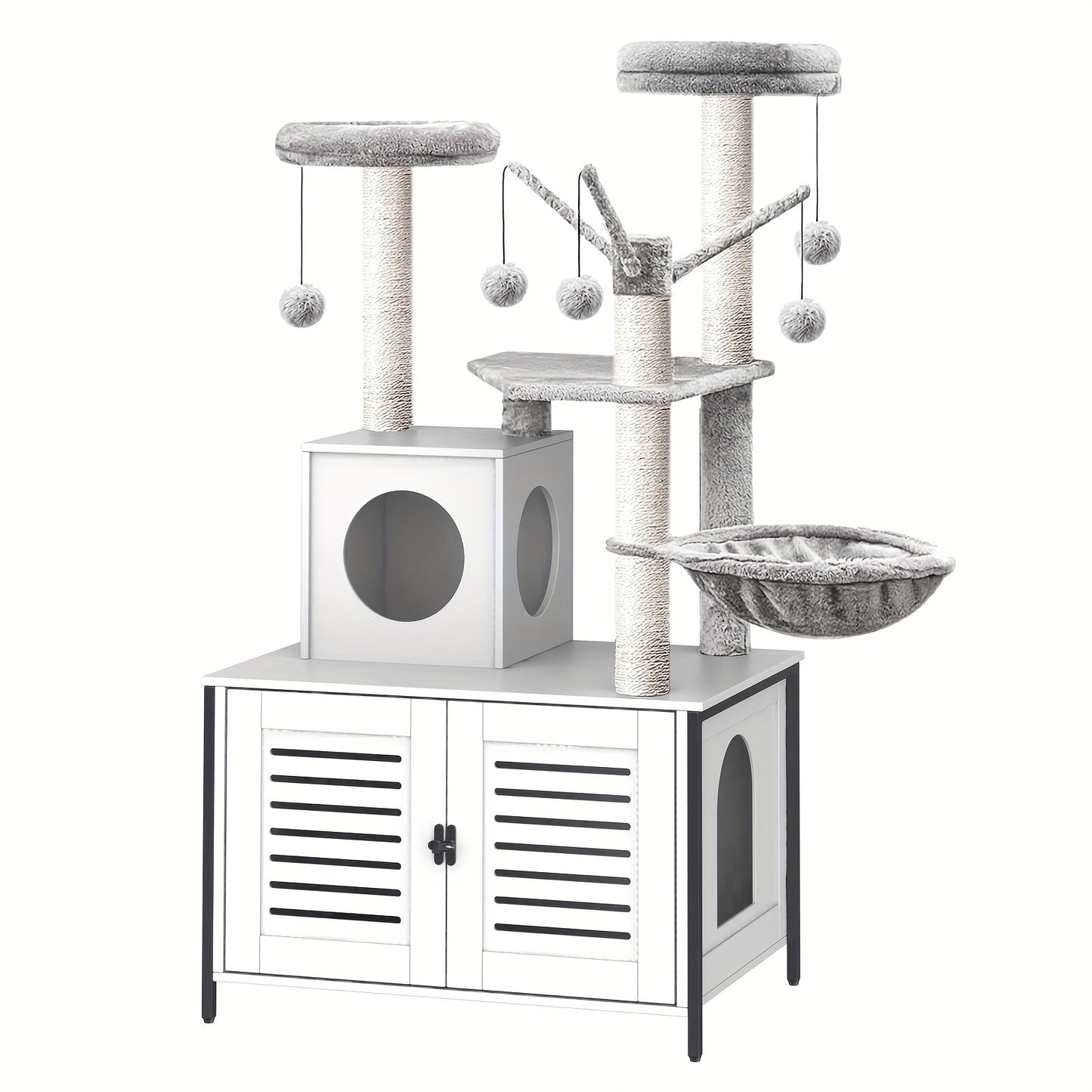 All-in-One Cat Tree Tower with Built-in Litter Box Cabinet - Multi-Level Scratching Post & Plush Ball Perches for Large Cats & Multi-Cat Homes in Vintage Brown & Grey - Quality Shopping Centre