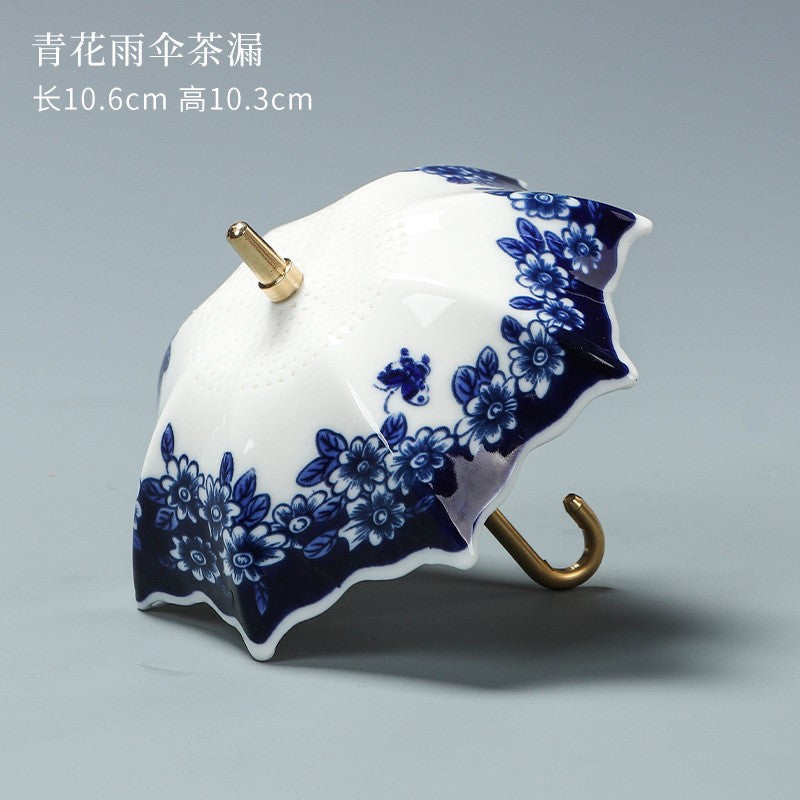 Blauw-witte porseleinen paraplu-theezeef met kwastje – Chinese stijl keramisch theefilter