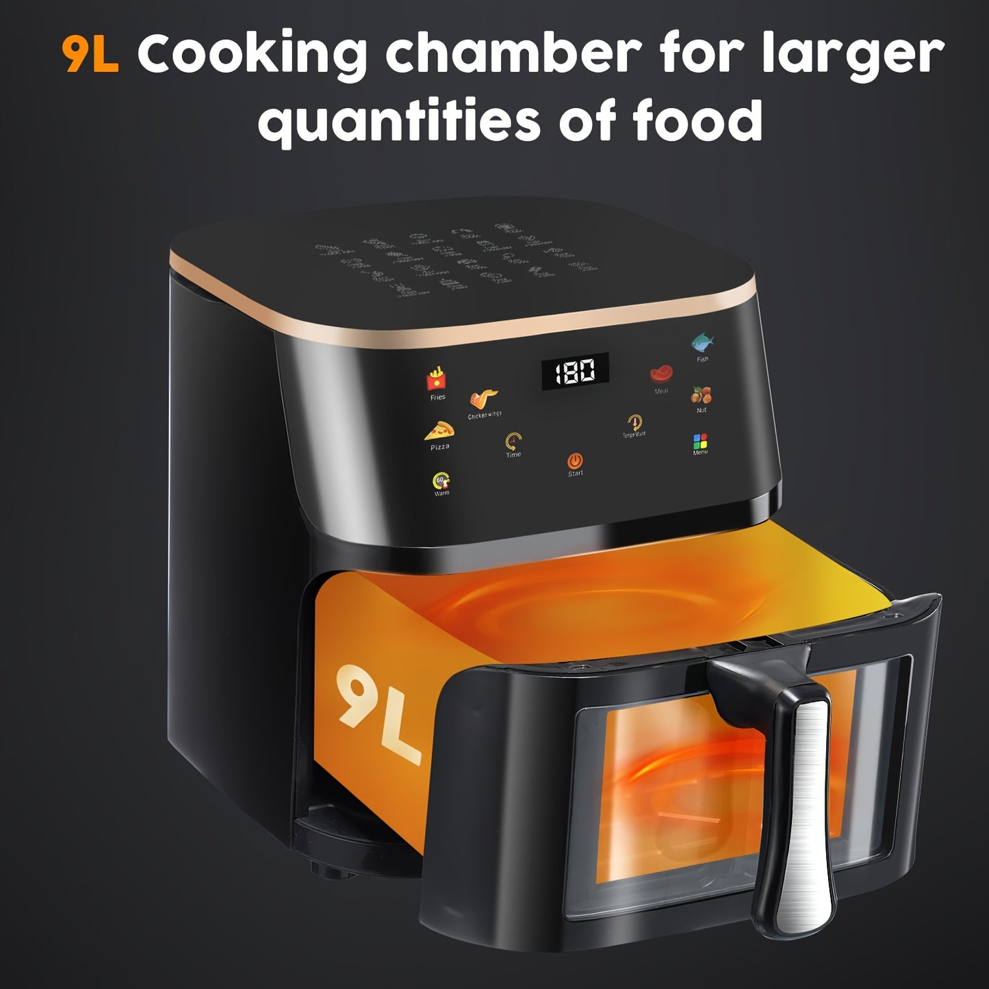 Black and gold air fryer with a 9L cooking chamber.