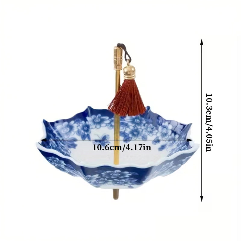 Blauw-witte porseleinen paraplu-theezeef met kwastje – Chinese stijl keramisch theefilter