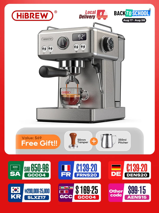 HiBREW 20Bar Halfautomatische Espressomachine Temperatuur instelbaar 58mm Filterdrager Koud/Warm Koffiezetapparaat Metalen behuizing H10A