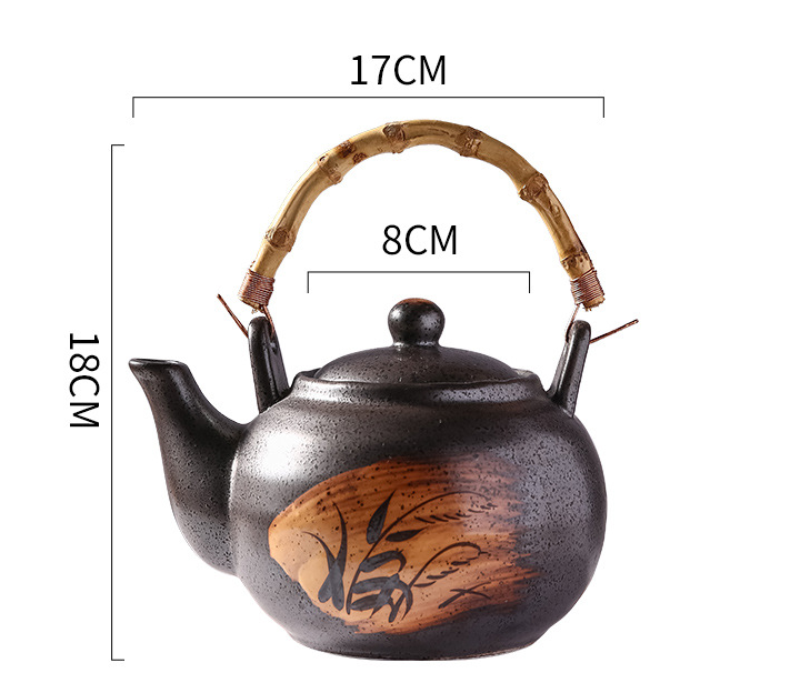 Keramische theeketel met bamboe handvat, handbeschilderd, commercieel gebruik, grote inhoud, theepot met schenktuit, tafelmodel