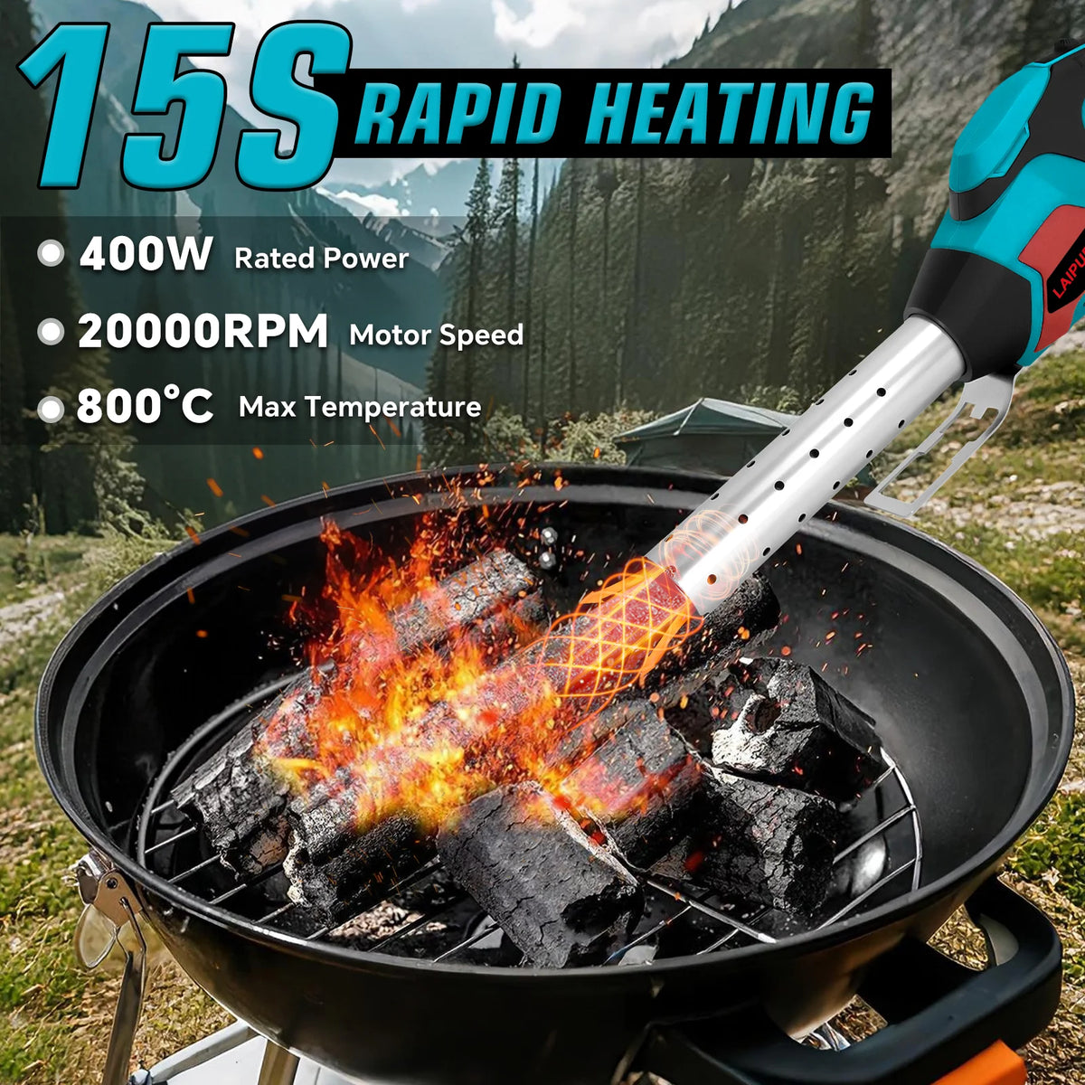 Allume-charbon sans fil 400W, outil pour barbecue, air chauffé sans produits chimiques avec ventilateur intégré, pour batterie Makita 18V