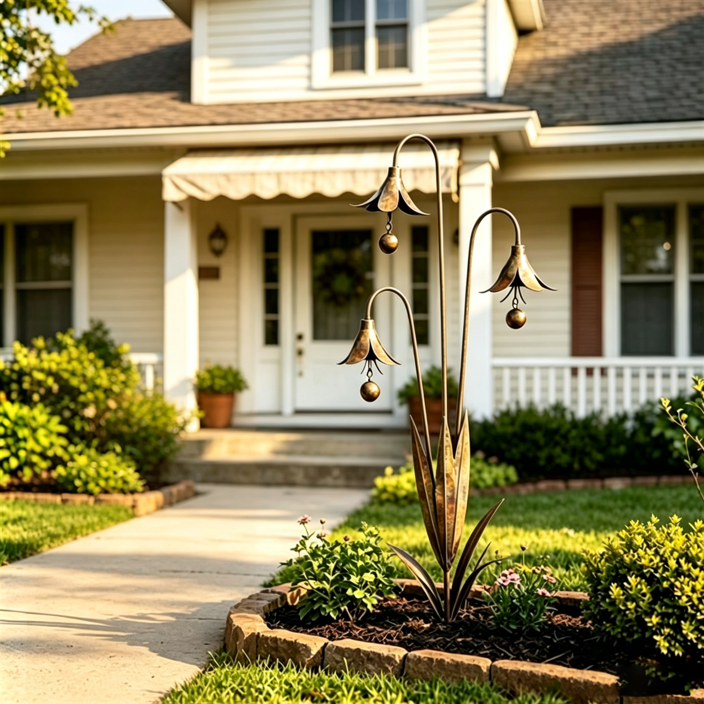 (All sales are final) Vintage antique bronze iron blue bell flower shaped wind chime ground plug