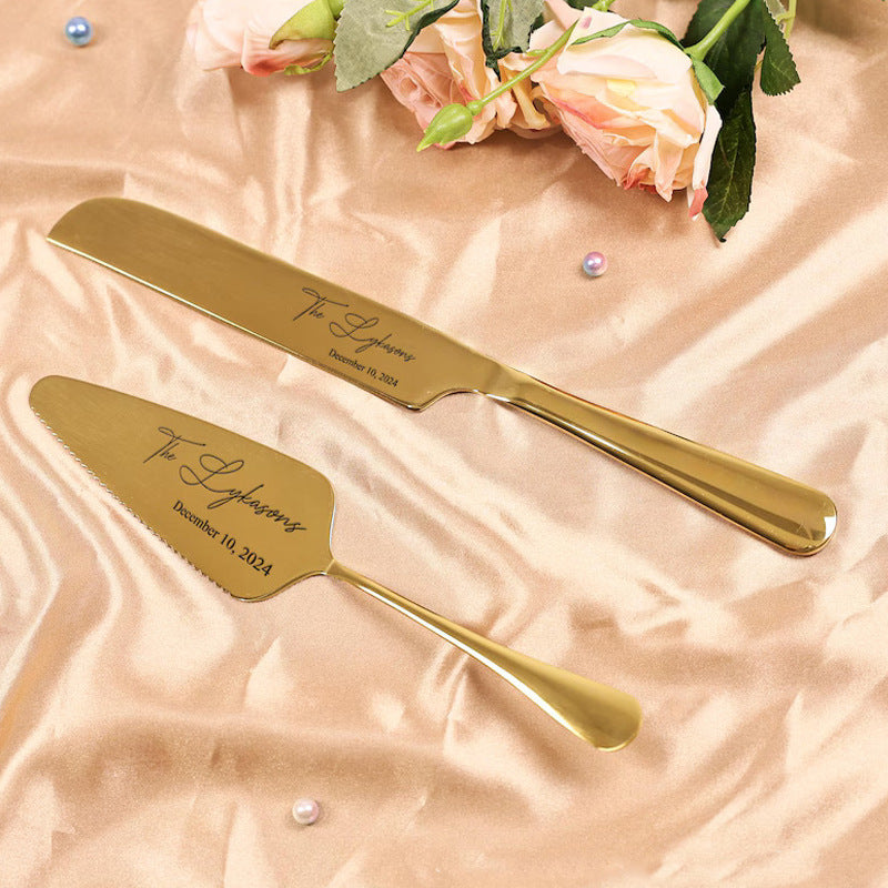 Couteau à gâteau, spatule et fourchette en acier inoxydable personnalisés