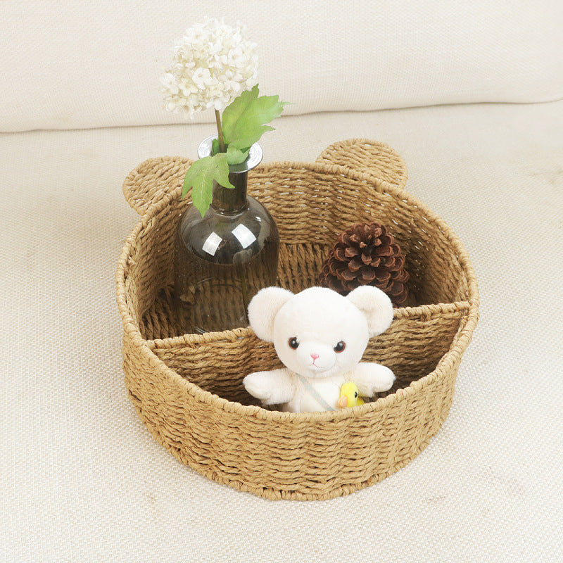 Étagère de rangement ronde en corde de papier écologique avec oreilles de chat, panier organisateur mural pour cosmétiques et décoration