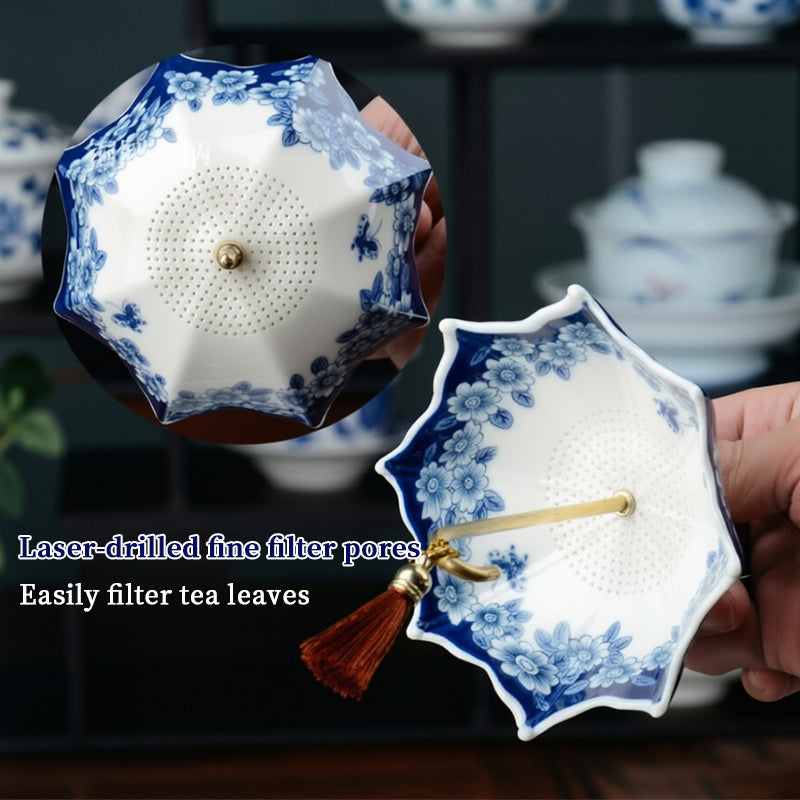 Blauw-witte porseleinen paraplu-theezeef met kwastje – Chinese stijl keramisch theefilter