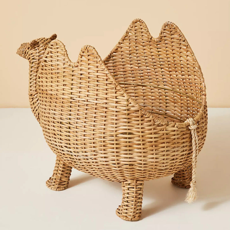 Handgemaakte geweven dierenkameel decoratie rotan mand met deksel cartoon speelgoed opbergdoos organizer rotan mand