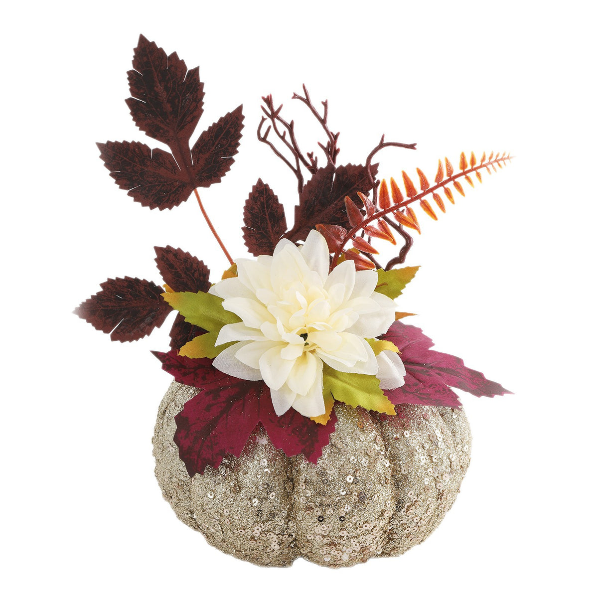Kunstglitterpompoen, kunst-dahlia en herfstbladeren decoratie voor de herfst, Thanksgiving en het oogstseizoen