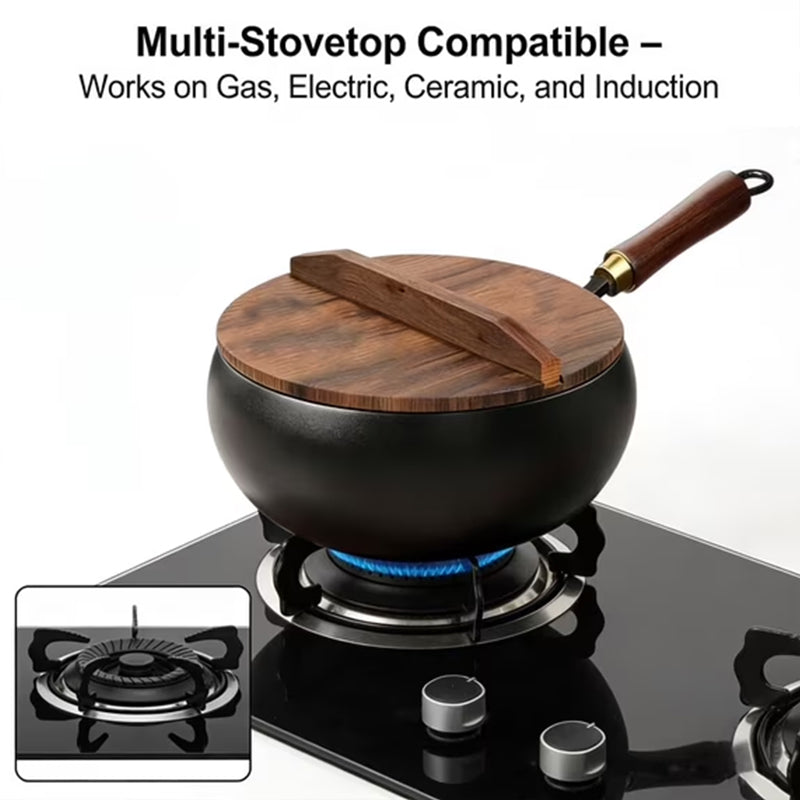 Handgesmede ijzeren wok 24/28cm ongecoat met houten deksel voor inductie gas