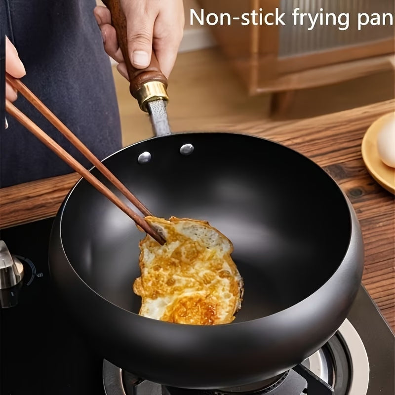 Handgesmede ijzeren wok 24/28cm ongecoat met houten deksel voor inductie gas