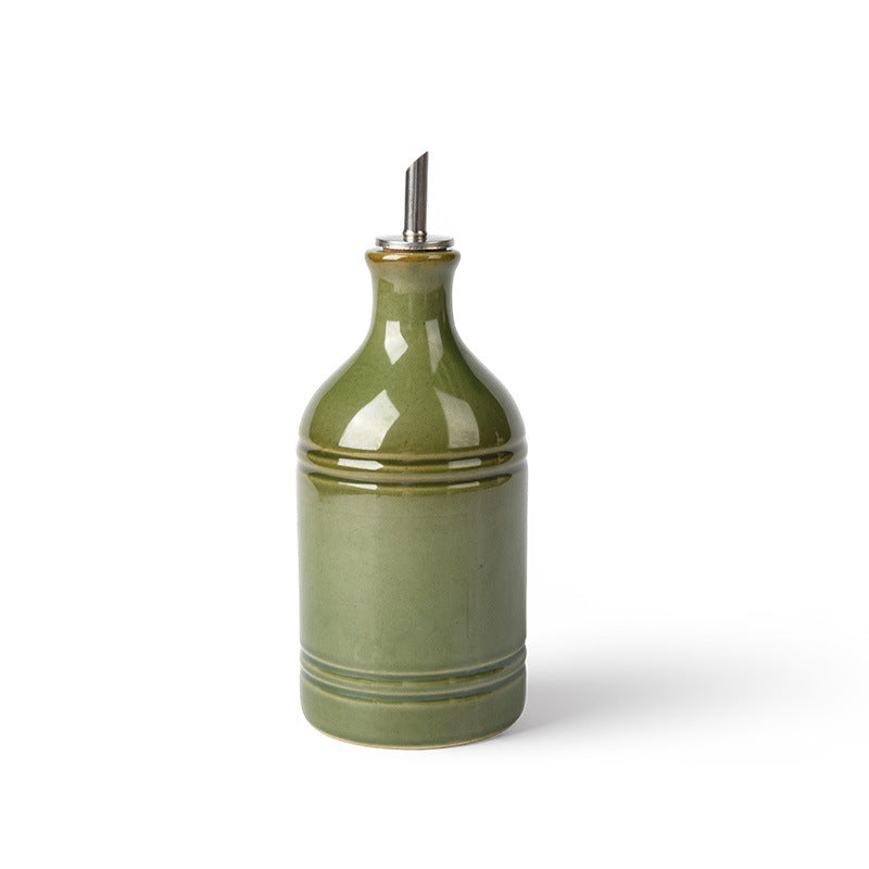 Europese retro groene keramische olijfoliefles met roestvrijstalen schenktuit – Vintage keukenopslag & kruidendispenser