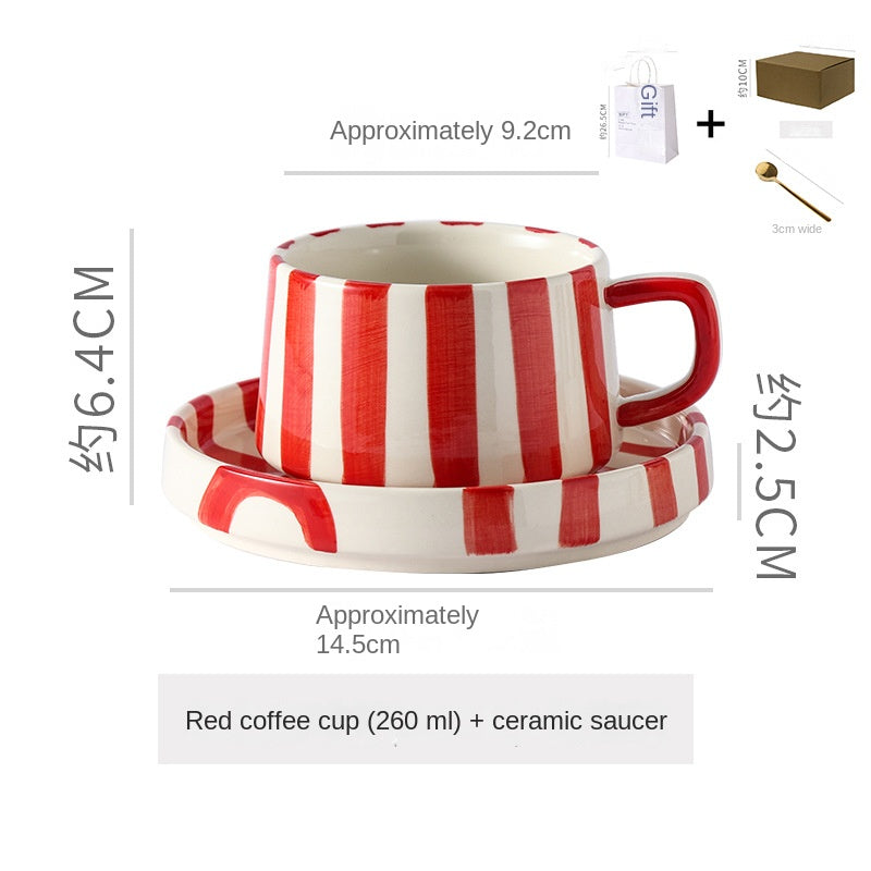 Eenvoudige handgetekende gestreepte keramische mok, creatieve meerkleurige cadeau-mok, koffiekop met schoteltje