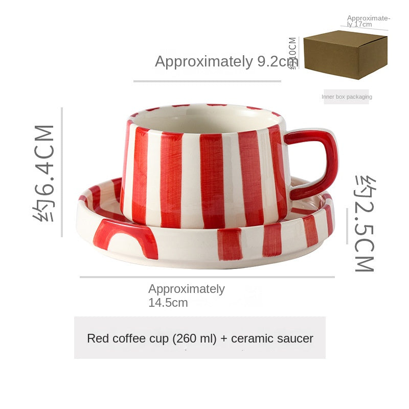 Eenvoudige handgetekende gestreepte keramische mok, creatieve meerkleurige cadeau-mok, koffiekop met schoteltje