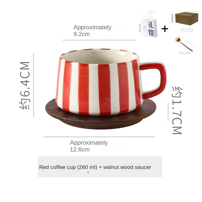 Eenvoudige handgetekende gestreepte keramische mok, creatieve meerkleurige cadeau-mok, koffiekop met schoteltje