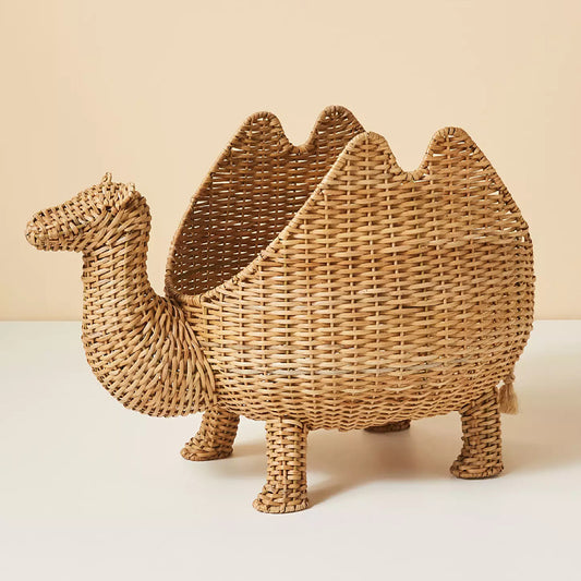 Handgemaakte geweven dierenkameel decoratie rotan mand met deksel cartoon speelgoed opbergdoos organizer rotan mand